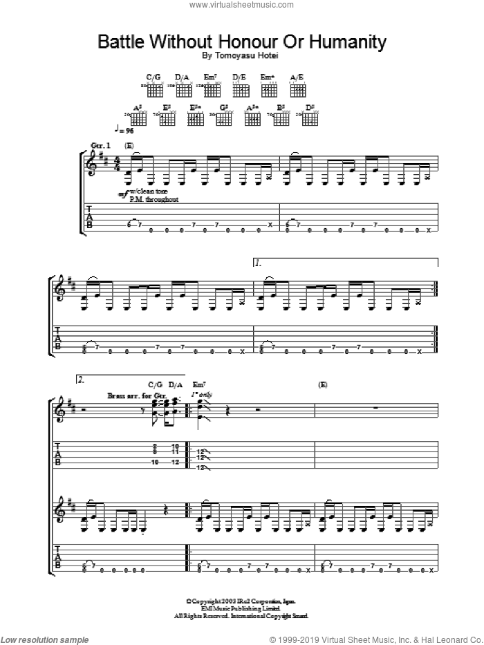 Battle Without Honor Or Humanity sheet music for guitar (tablature) by Tomoyasu Hotei, intermediate skill level
