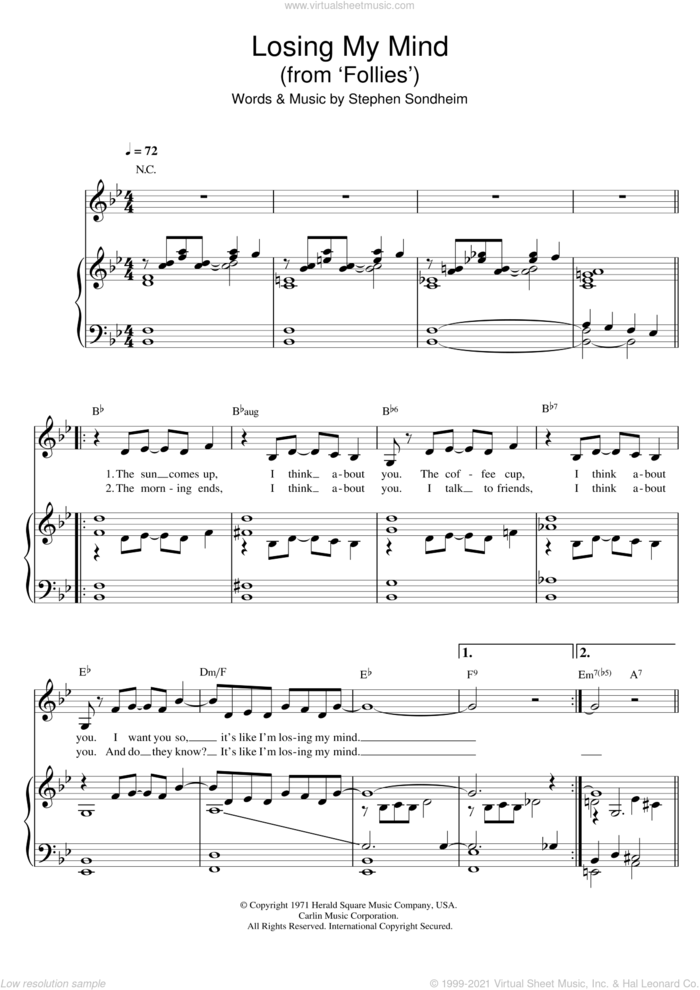 Losing My Mind (from 'Follies') sheet music for voice, piano or guitar by Stephen Sondheim and Follies (Musical), intermediate skill level