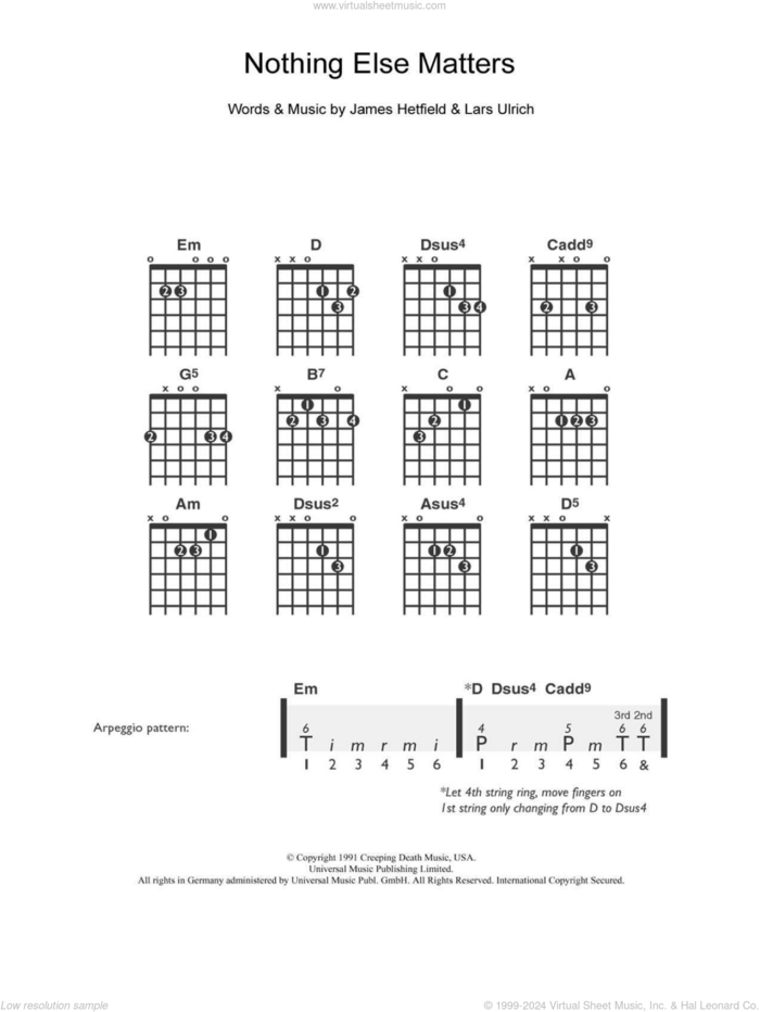 Nothing Else Matters sheet music for guitar solo (chords) by Metallica, James Hetfield and Lars Ulrich, easy guitar (chords)