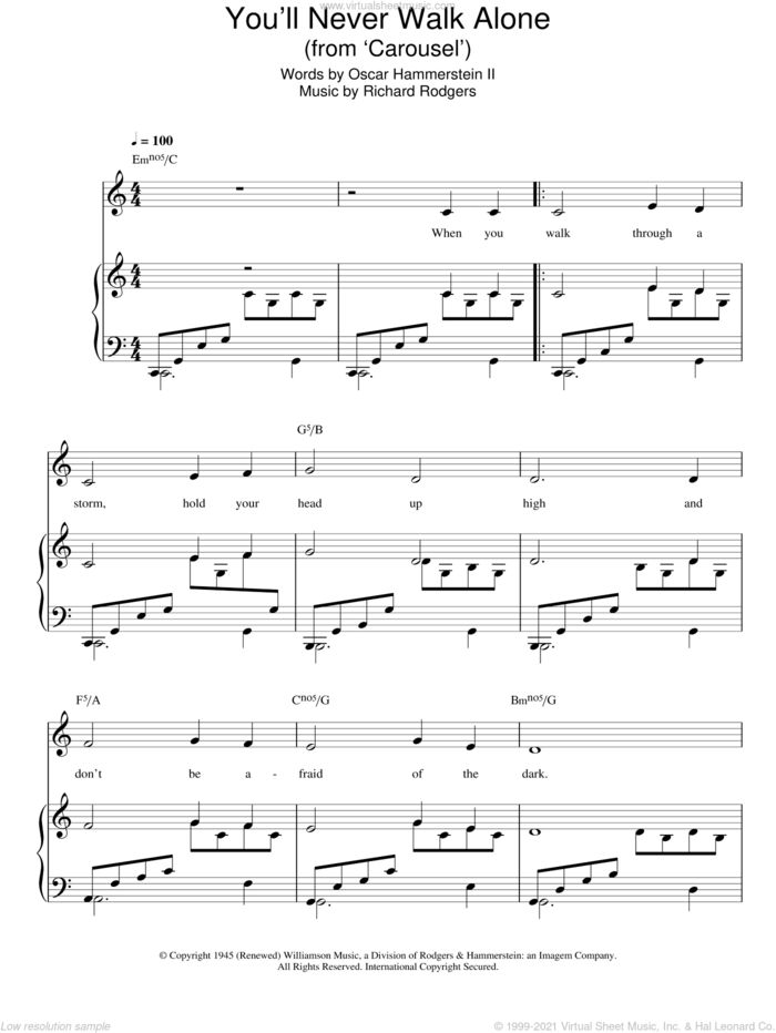 You'll Never Walk Alone (from Carousel) sheet music for voice, piano or guitar by Richard Rodgers, Carousel (Musical), Gerry And The Pacemakers, Oscar II Hammerstein and Rodgers & Hammerstein, intermediate skill level