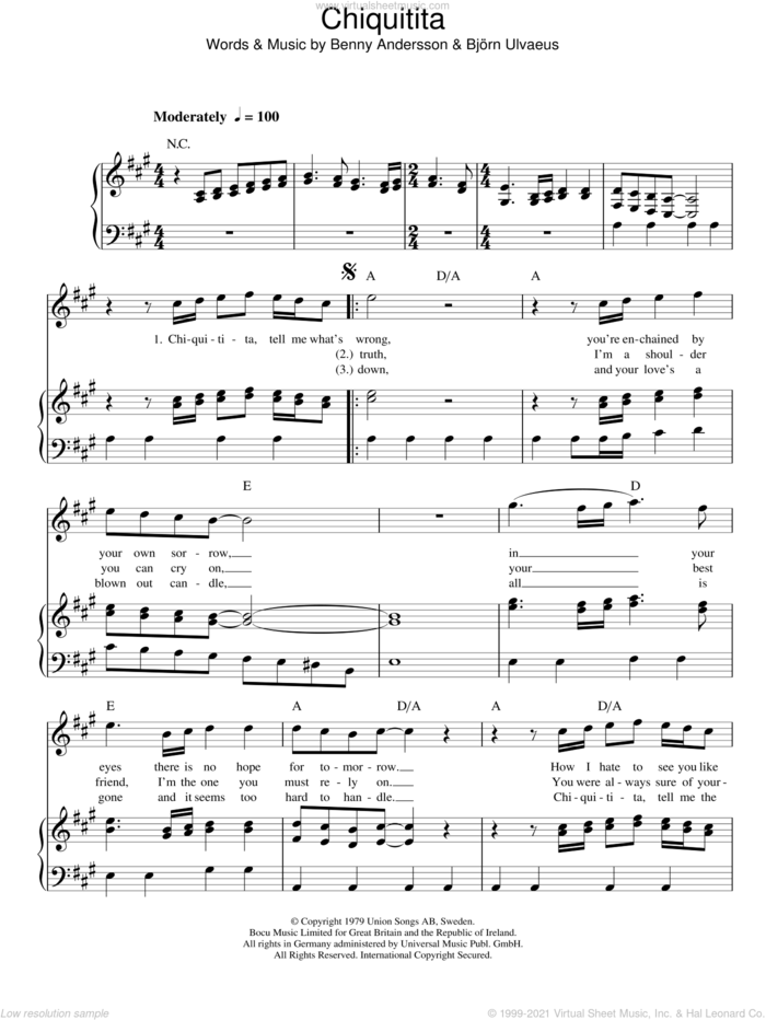 Chiquitita sheet music for voice, piano or guitar by ABBA, Mamma Mia! (Musical), Benny Andersson and Bjorn Ulvaeus, intermediate skill level