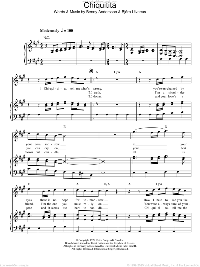 Chiquitita sheet music for voice, piano or guitar by ABBA, Mamma Mia! (Musical), Benny Andersson and Bjorn Ulvaeus, intermediate skill level