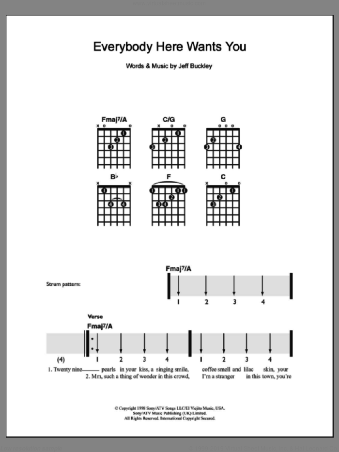 Everybody Here Wants You sheet music for guitar solo (chords) by Jeff Buckley, easy guitar (chords)