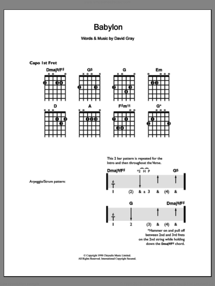 Babylon sheet music for guitar solo (chords) by David Gray, easy guitar (chords)
