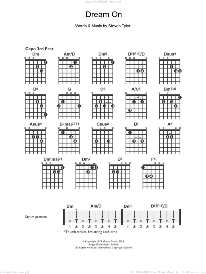 Dream On sheet music for guitar solo (chords) by Aerosmith and Steven Tyler, easy guitar (chords)