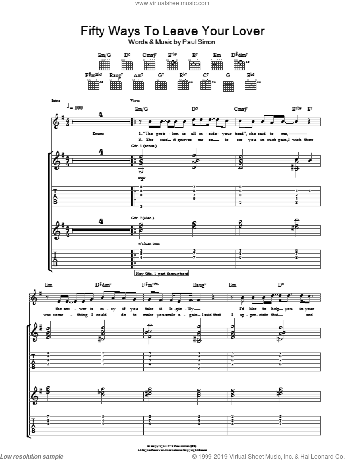 Fifty Ways To Leave Your Lover sheet music for guitar (tablature) by Paul Simon, intermediate skill level