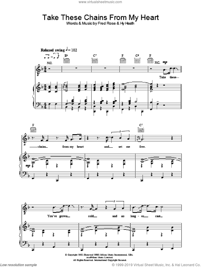 Take These Chains From My Heart sheet music for voice, piano or guitar by Hank Williams, Fred Rose and Hy Heath, intermediate skill level