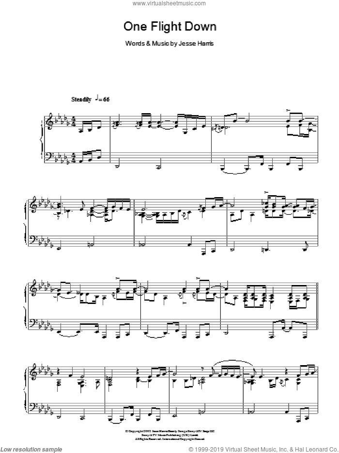One Flight Down, (intermediate) sheet music for piano solo by Norah Jones and Jesse Harris, intermediate skill level