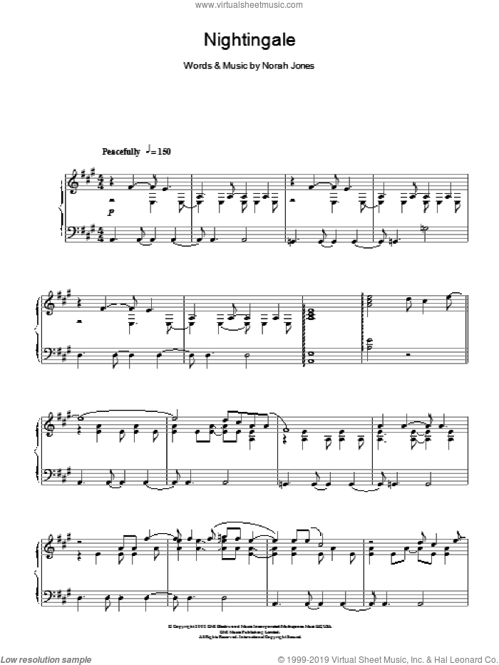 Nightingale, (intermediate) sheet music for piano solo by Norah Jones, intermediate skill level