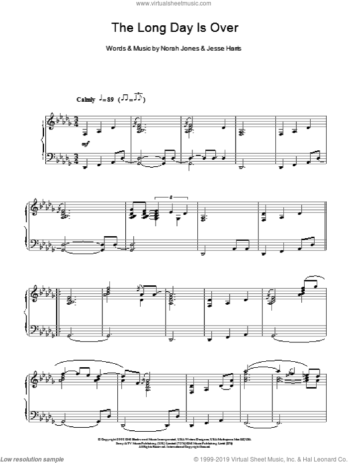 The Long Day Is Over sheet music for piano solo by Norah Jones and Jesse Harris, intermediate skill level