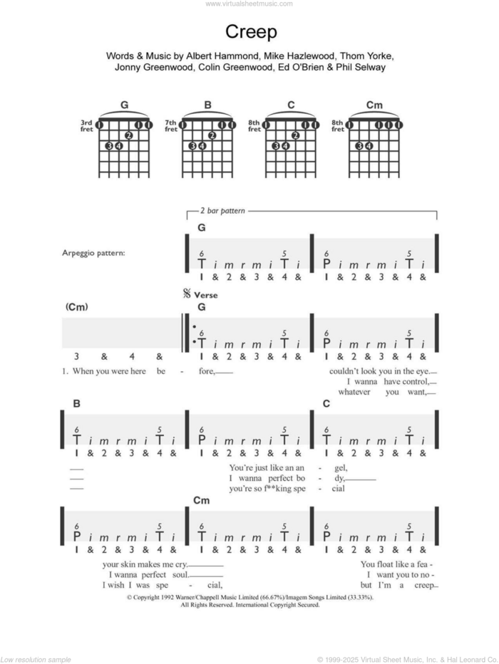 Creep sheet music for guitar solo (chords) by Radiohead, Albert Hammond, Colin Greenwood, Jonny Greenwood, Michael Hazlewood, Phil Selway and Thom Yorke, easy guitar (chords)