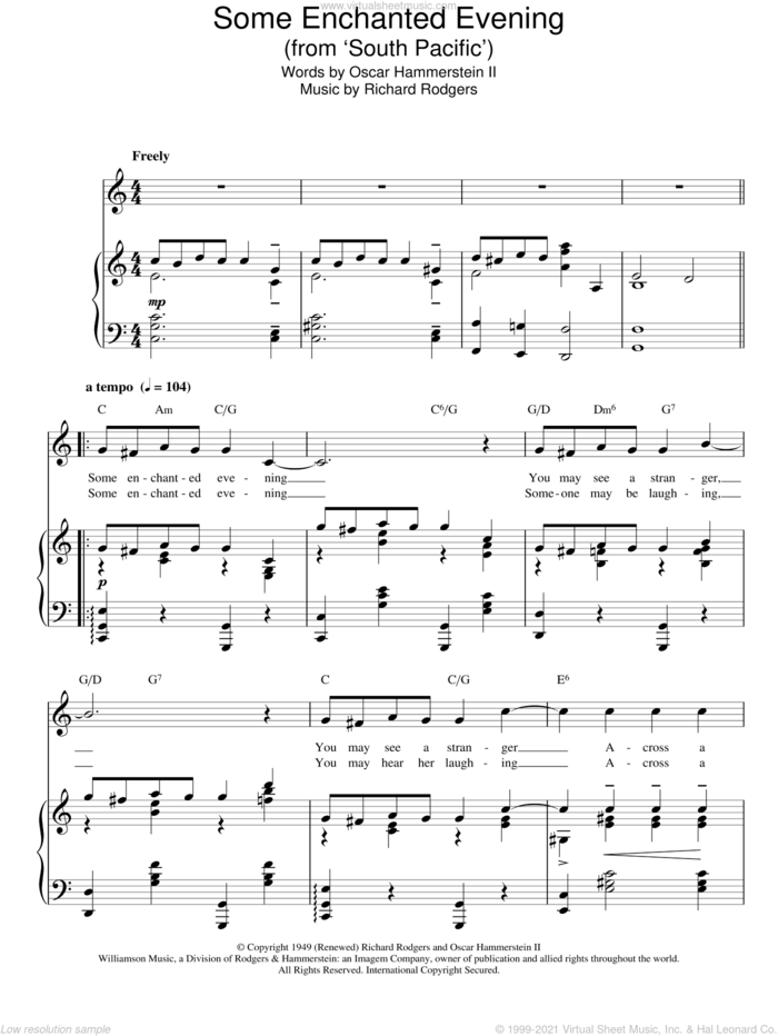 Some Enchanted Evening sheet music for voice, piano or guitar by Rodgers & Hammerstein, South Pacific (Musical), Oscar II Hammerstein and Richard Rodgers, intermediate skill level