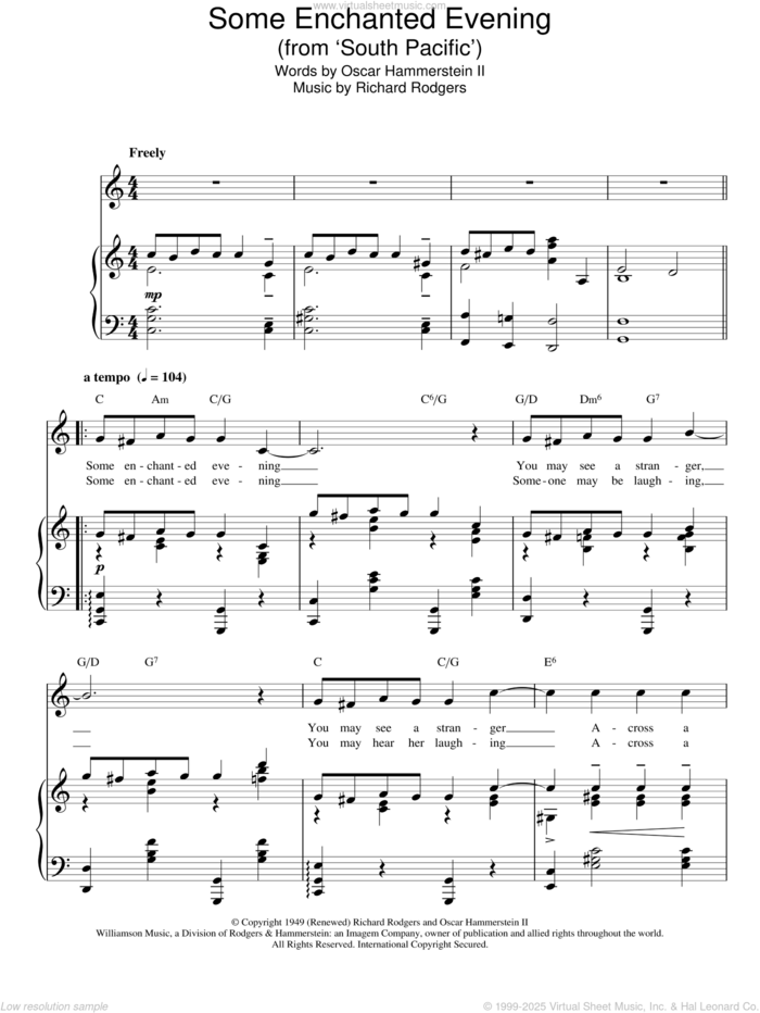 Some Enchanted Evening sheet music for voice, piano or guitar by Rodgers & Hammerstein, South Pacific (Musical), Oscar II Hammerstein and Richard Rodgers, intermediate skill level