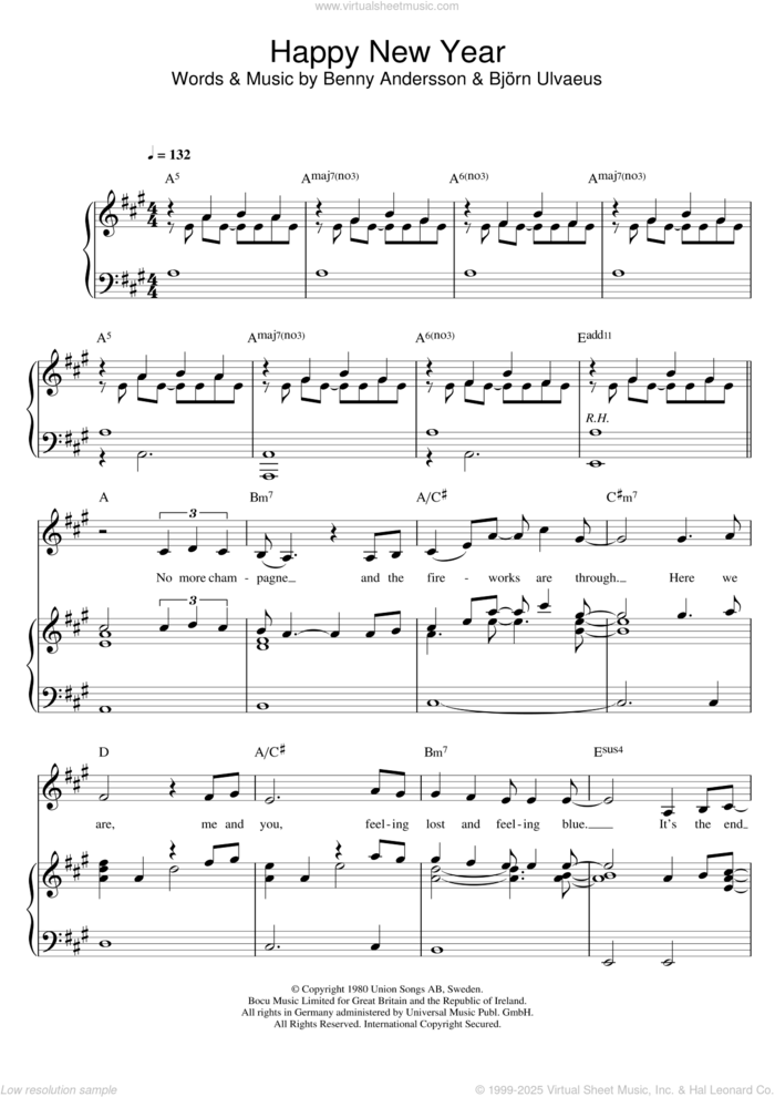 Happy New Year sheet music for voice, piano or guitar by ABBA, Benny Andersson and Bjorn Ulvaeus, intermediate skill level