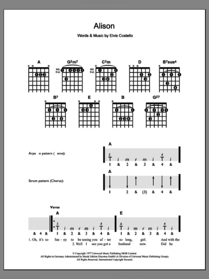 Alison sheet music for guitar solo (chords) by Elvis Costello, easy guitar (chords)