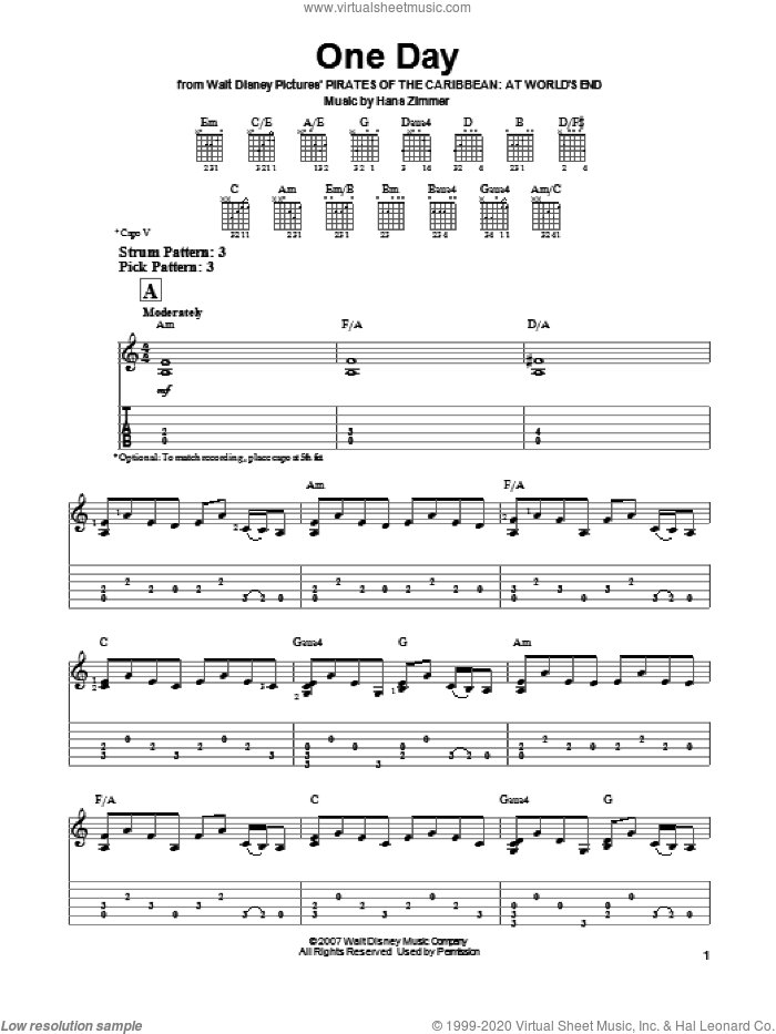 One Day (from Pirates Of The Caribbean: At World's End) sheet music for guitar solo (easy tablature) by Hans Zimmer, easy guitar (easy tablature)