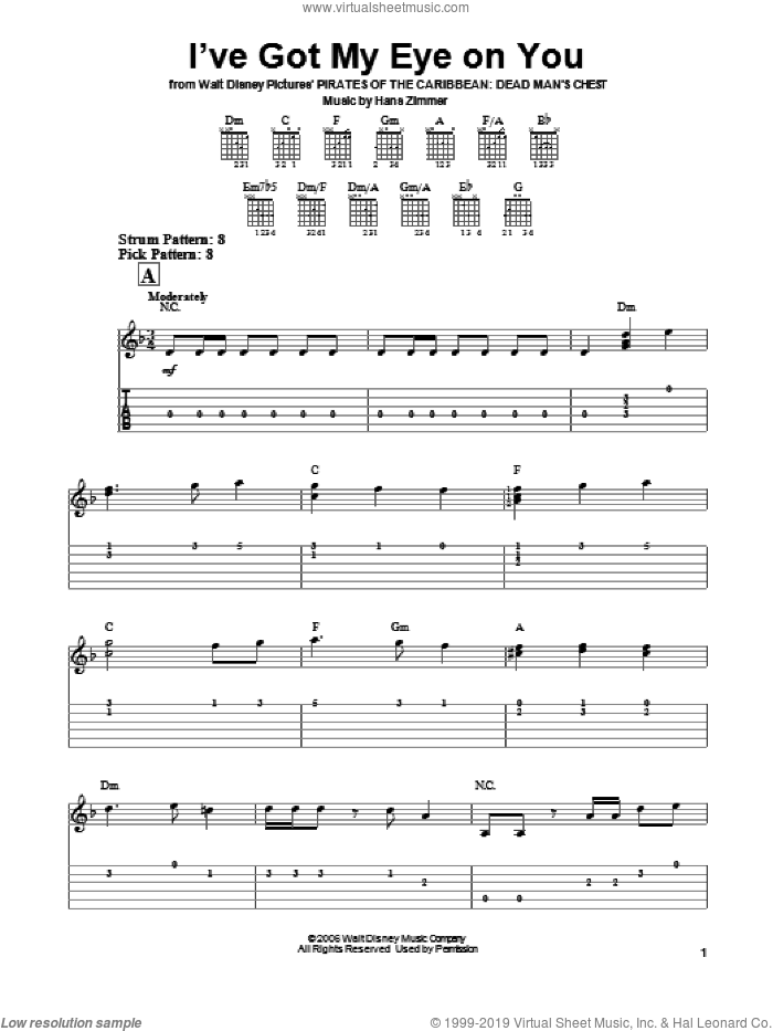 I've Got My Eye On You (from Pirates Of The Caribbean: Dead Man's Chest) sheet music for guitar solo (easy tablature) by Hans Zimmer, easy guitar (easy tablature)