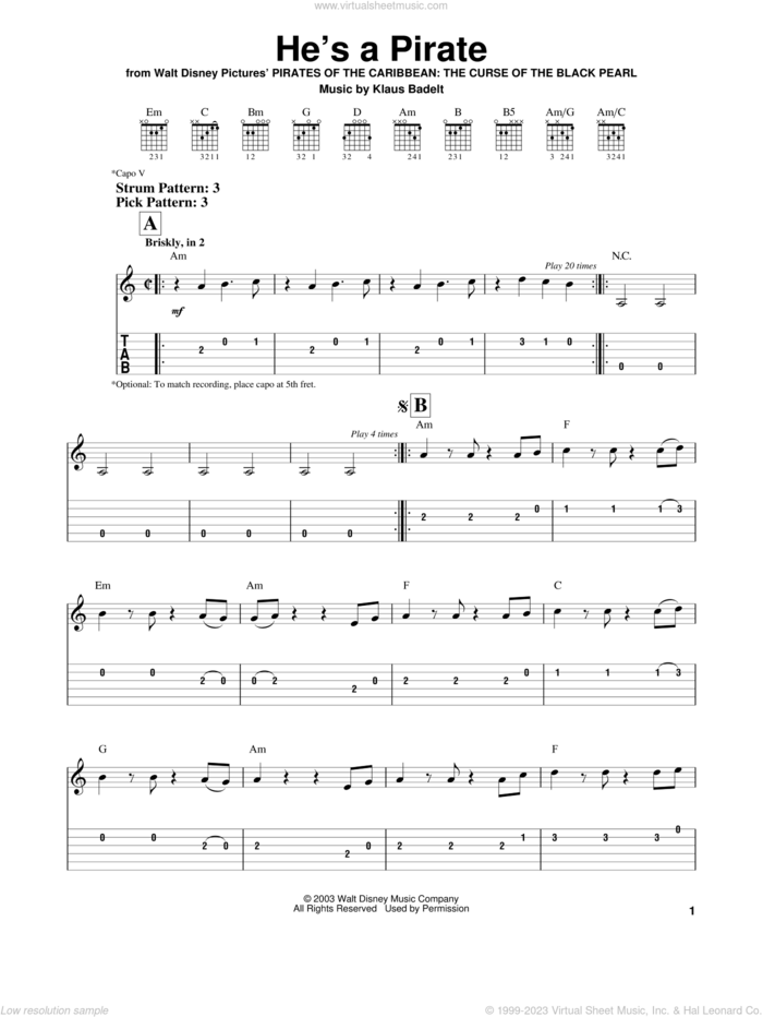 He's A Pirate (from Pirates Of The Caribbean: The Curse of the Black Pearl) sheet music for guitar solo (easy tablature) by Klaus Badelt and Pirates Of The Caribbean: The Curse Of The Black Pearl (Movie), easy guitar (easy tablature)