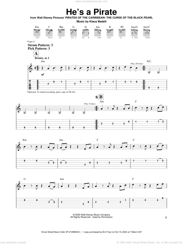 He's A Pirate (from Pirates Of The Caribbean: The Curse of the Black Pearl) sheet music for guitar solo (easy tablature) by Klaus Badelt and Pirates Of The Caribbean: The Curse Of The Black Pearl (Movie), easy guitar (easy tablature)