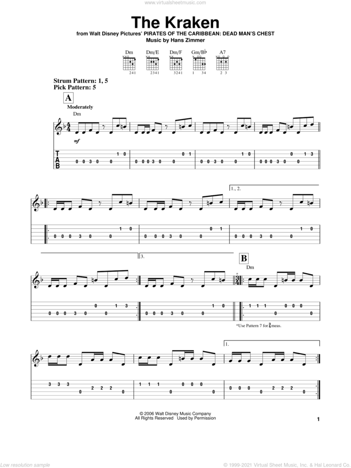 The Kraken sheet music for guitar solo (easy tablature) by Hans Zimmer, easy guitar (easy tablature)