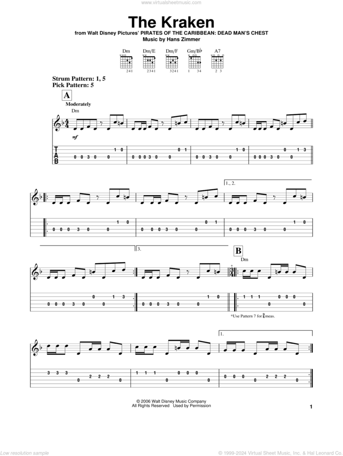 The Kraken sheet music for guitar solo (easy tablature) by Hans Zimmer, easy guitar (easy tablature)