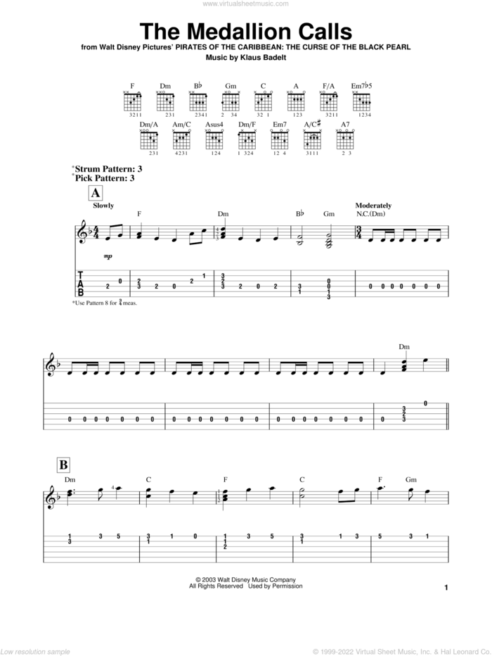 The Medallion Calls sheet music for guitar solo (easy tablature) by Klaus Badelt and Pirates Of The Caribbean: The Curse Of The Black Pearl (Movie), easy guitar (easy tablature)