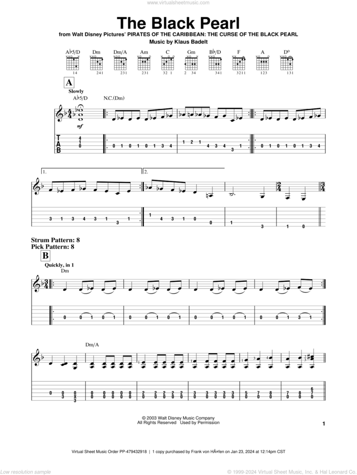 The Black Pearl sheet music for guitar solo (easy tablature) by Klaus Badelt and Pirates Of The Caribbean: The Curse Of The Black Pearl (Movie), easy guitar (easy tablature)