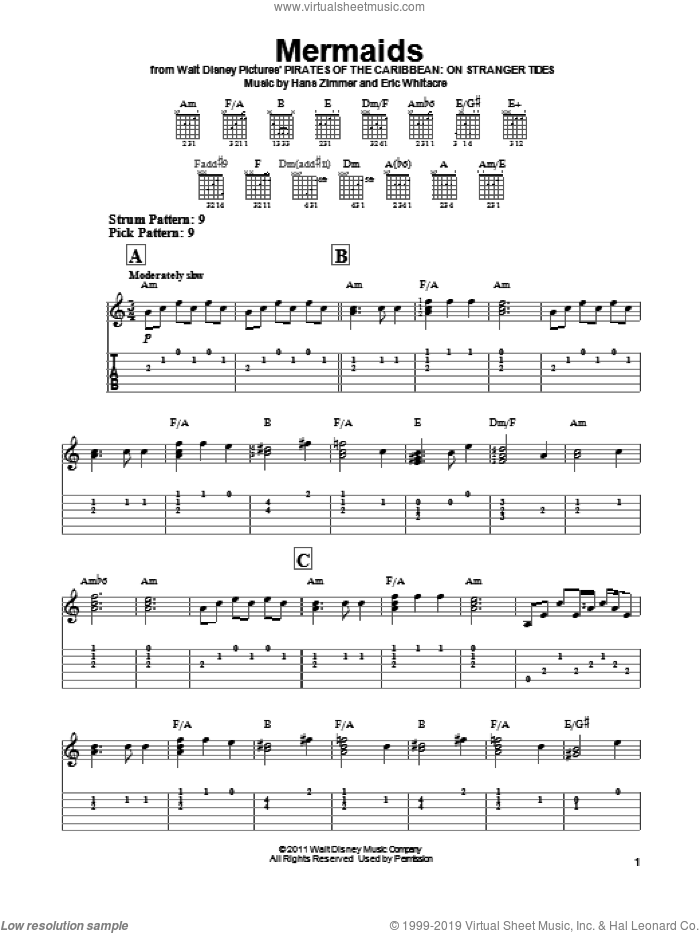 Mermaids sheet music for guitar solo (easy tablature) by Hans Zimmer, Pirates Of The Caribbean: On Stranger Tides (Movie) and Eric Whitacre, easy guitar (easy tablature)