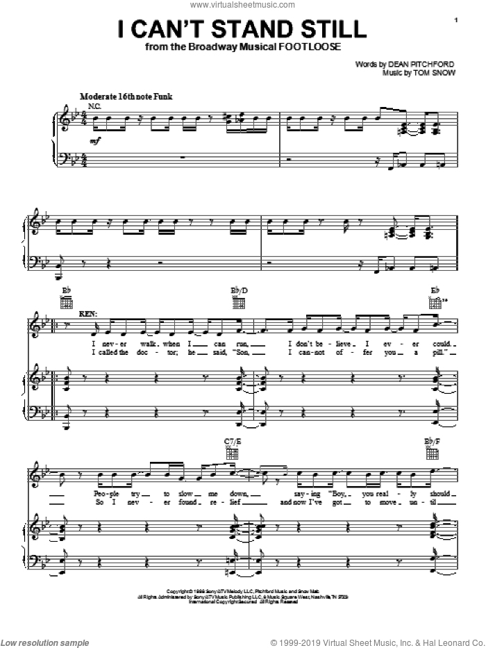I Can't Stand Still sheet music for voice, piano or guitar by Dean Pitchford, Footloose (Musical) and Tom Snow, intermediate skill level