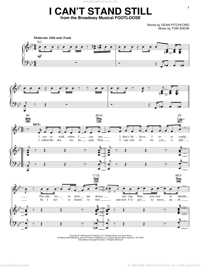 I Can't Stand Still sheet music for voice, piano or guitar by Dean Pitchford, Footloose (Musical) and Tom Snow, intermediate skill level