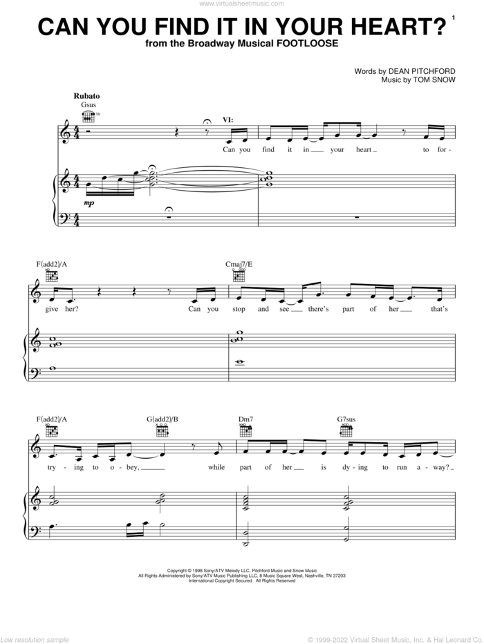 Can You Find It In Your Heart? sheet music for voice, piano or guitar by Dean Pitchford, Footloose (Musical) and Tom Snow, intermediate skill level