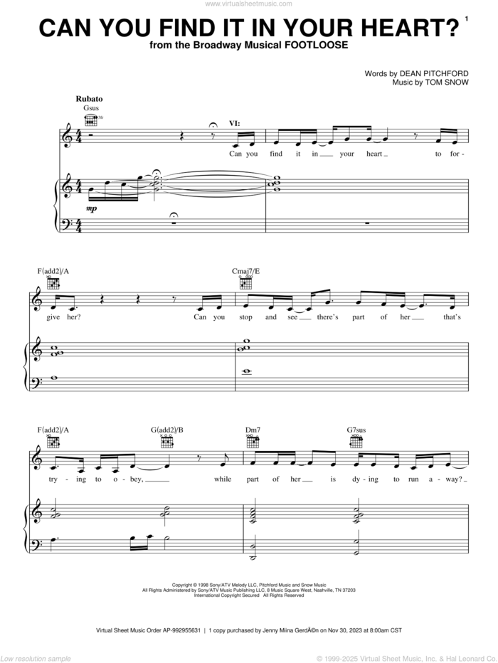 Can You Find It In Your Heart? sheet music for voice, piano or guitar by Dean Pitchford, Footloose (Musical) and Tom Snow, intermediate skill level