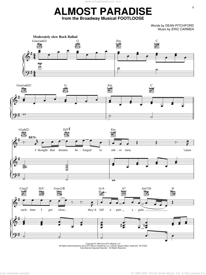 Almost Paradise sheet music for voice, piano or guitar by Ann Wilson & Mike Reno, Footloose (Musical), Dean Pitchford and Eric Carmen, intermediate skill level