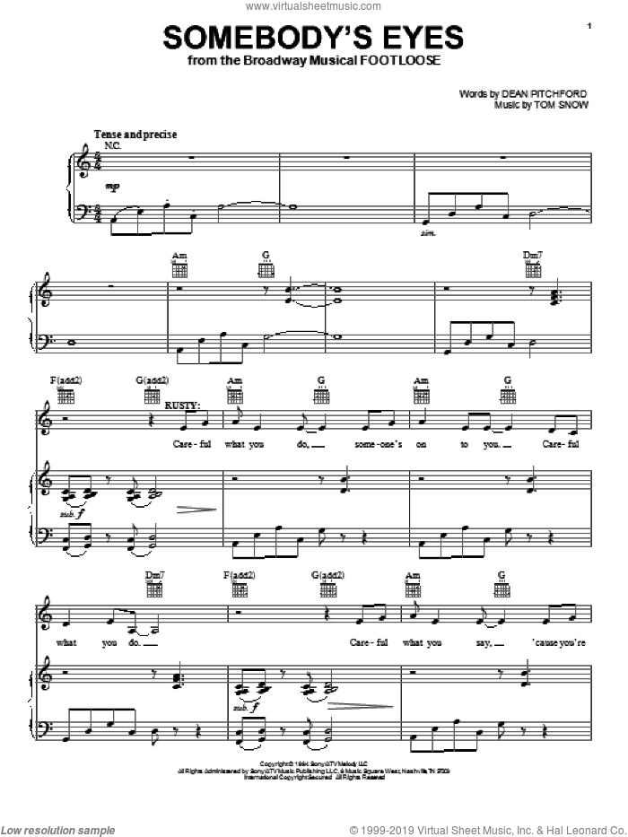 Somebody's Eyes sheet music for voice, piano or guitar by Dean Pitchford, Footloose (Musical) and Tom Snow, intermediate skill level