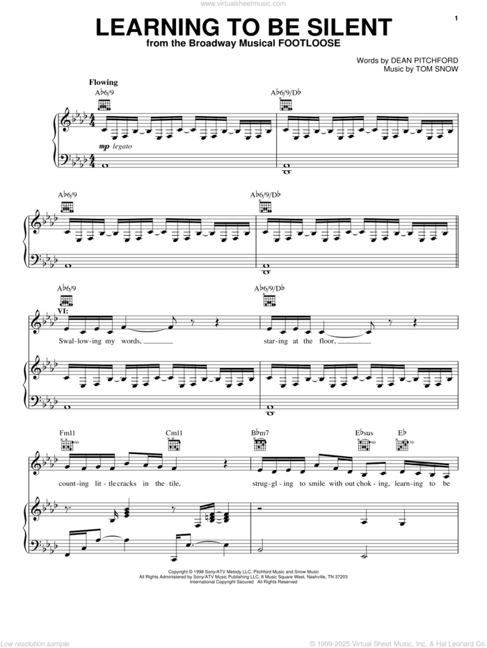 Learning To Be Silent sheet music for voice, piano or guitar by Dean Pitchford, Footloose (Musical) and Tom Snow, intermediate skill level