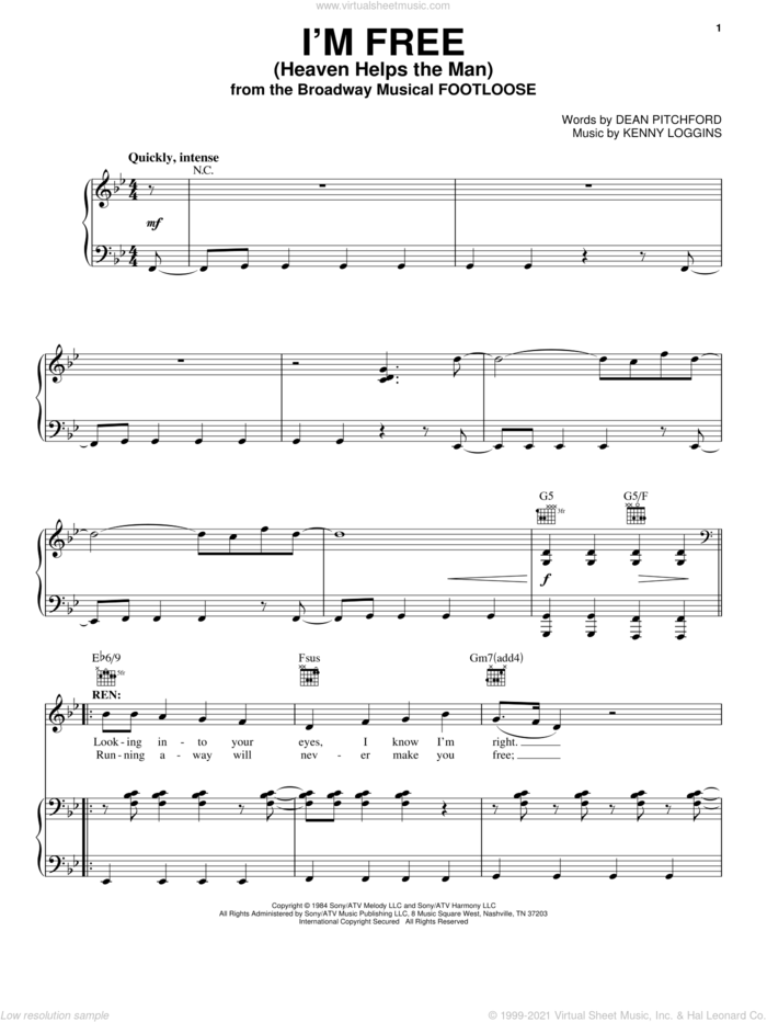 I'm Free (Heaven Helps The Man) sheet music for voice, piano or guitar by Dean Pitchford, Footloose (Musical), Kenny Loggins and Tom Snow, intermediate skill level