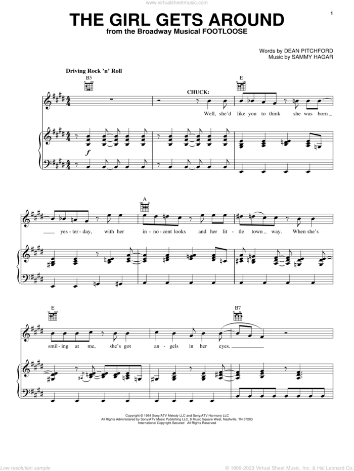 The Girl Gets Around sheet music for voice, piano or guitar by Dean Pitchford, Footloose (Musical), Sammy Hagar and Tom Snow, intermediate skill level