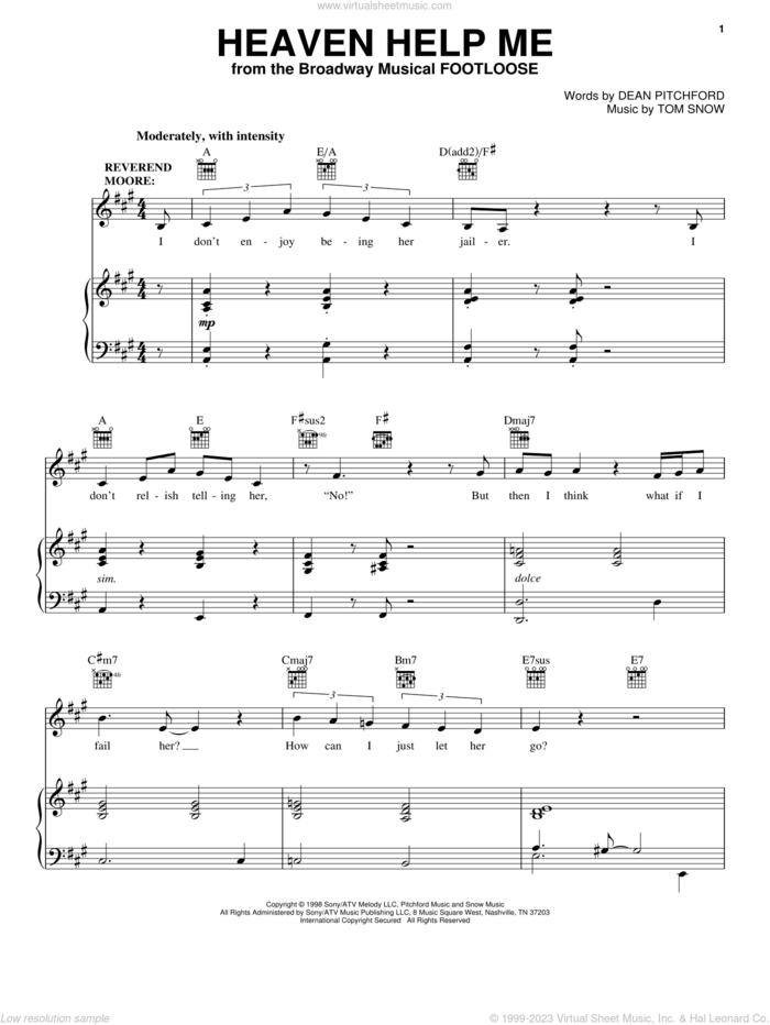 Heaven Help Me sheet music for voice, piano or guitar by Dean Pitchford, Footloose (Musical) and Tom Snow, intermediate skill level