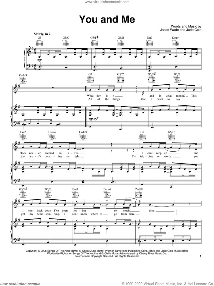 You And Me sheet music for voice, piano or guitar by Lifehouse, Jason Wade and Jude Cole, intermediate skill level