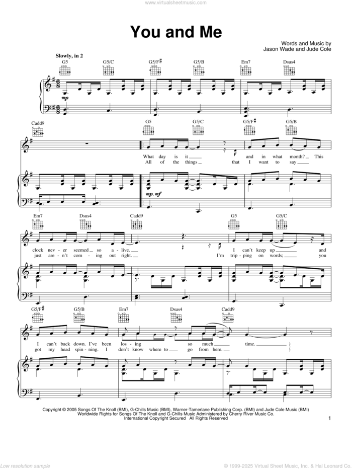 You And Me sheet music for voice, piano or guitar by Lifehouse, Jason Wade and Jude Cole, intermediate skill level