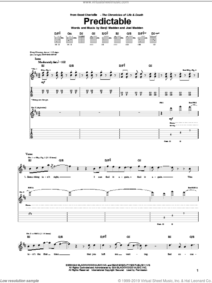 Predictable sheet music for guitar (tablature) by Good Charlotte, Benji Madden and Joel Madden, intermediate skill level
