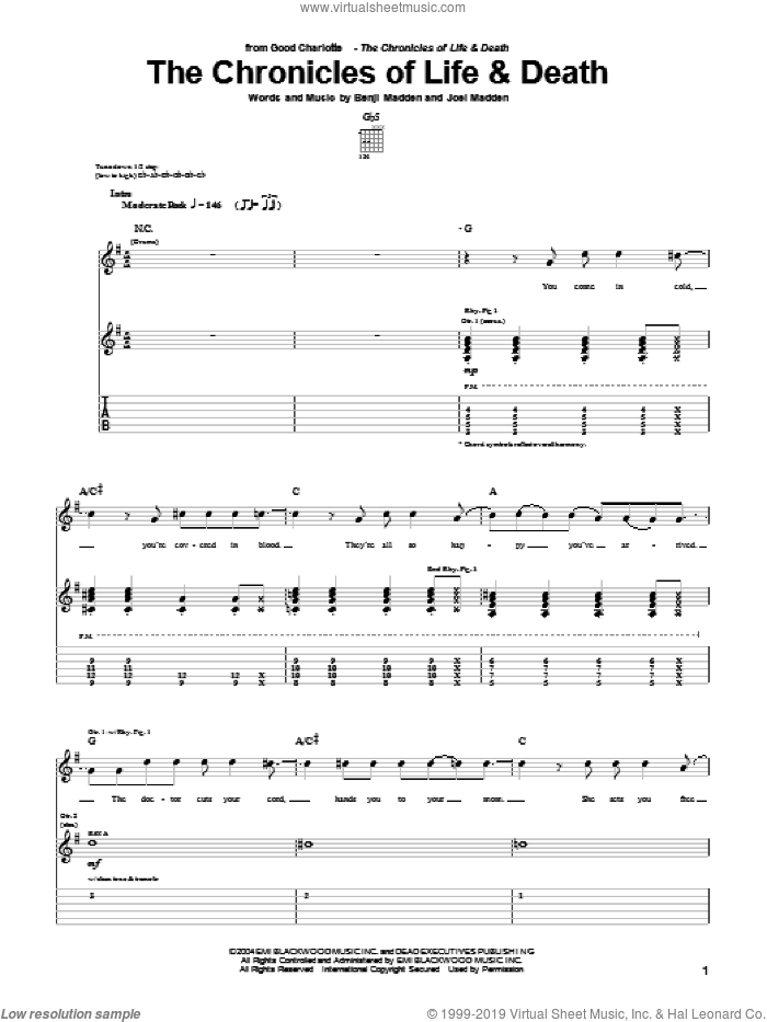 The Chronicles Of Life and Death sheet music for guitar (tablature) by Good Charlotte, Benji Madden and Joel Madden, intermediate skill level