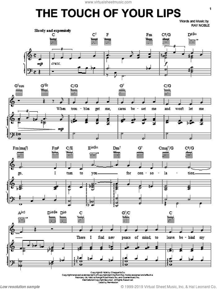 The Touch Of Your Lips sheet music for voice, piano or guitar by Ray Noble, intermediate skill level