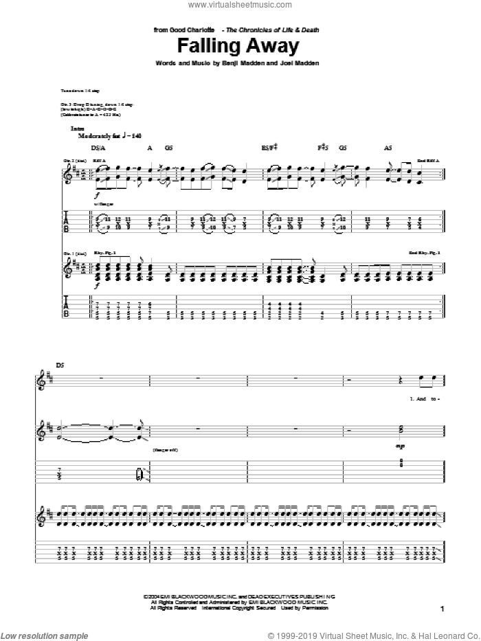 Falling Away sheet music for guitar (tablature) by Good Charlotte, Benji Madden and Joel Madden, intermediate skill level