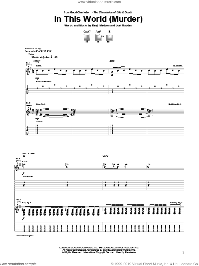 In This World (Murder) sheet music for guitar (tablature) by Good Charlotte, Benji Madden and Joel Madden, intermediate skill level