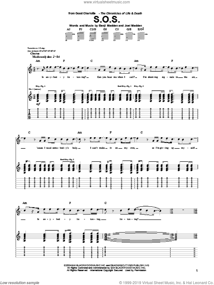 S.O.S. sheet music for guitar (tablature) by Good Charlotte, Benji Madden and Joel Madden, intermediate skill level