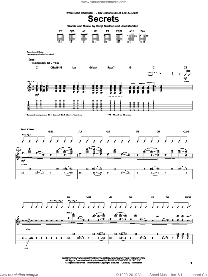 Secrets sheet music for guitar (tablature) by Good Charlotte, Benji Madden and Joel Madden, intermediate skill level
