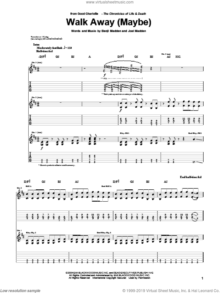 Walk Away (Maybe) sheet music for guitar (tablature) by Good Charlotte, Benji Madden and Joel Madden, intermediate skill level