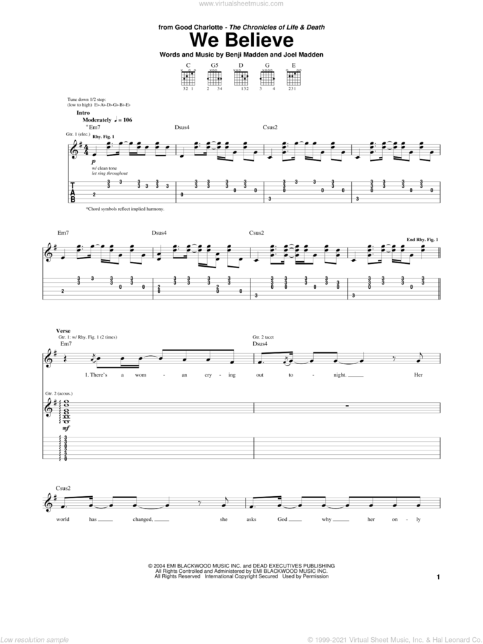 We Believe sheet music for guitar (tablature) by Good Charlotte, Benji Madden and Joel Madden, intermediate skill level