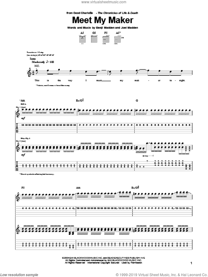 Meet My Maker sheet music for guitar (tablature) by Good Charlotte, Benji Madden and Joel Madden, intermediate skill level